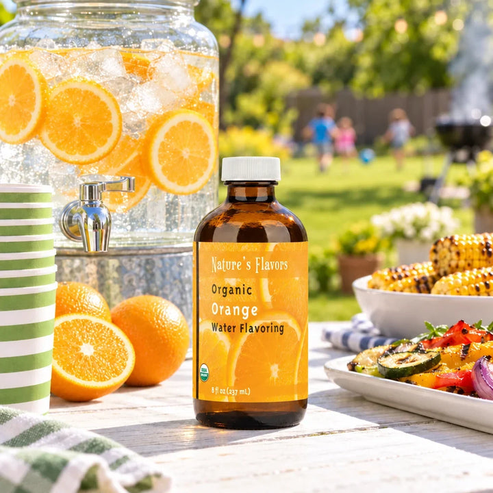 8 oz bottle of Nature's Flavors Organic Orange Water Flavoring at a backyard BBQ beside a drink dispenser with orange slices