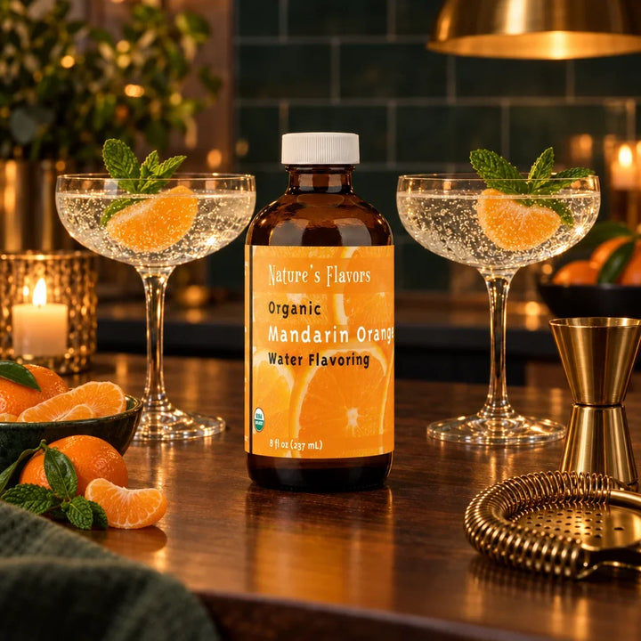 8 oz bottle of Nature's Flavors Organic Mandarin Orange Water Flavoring between two evening mocktail glasses with mandarin