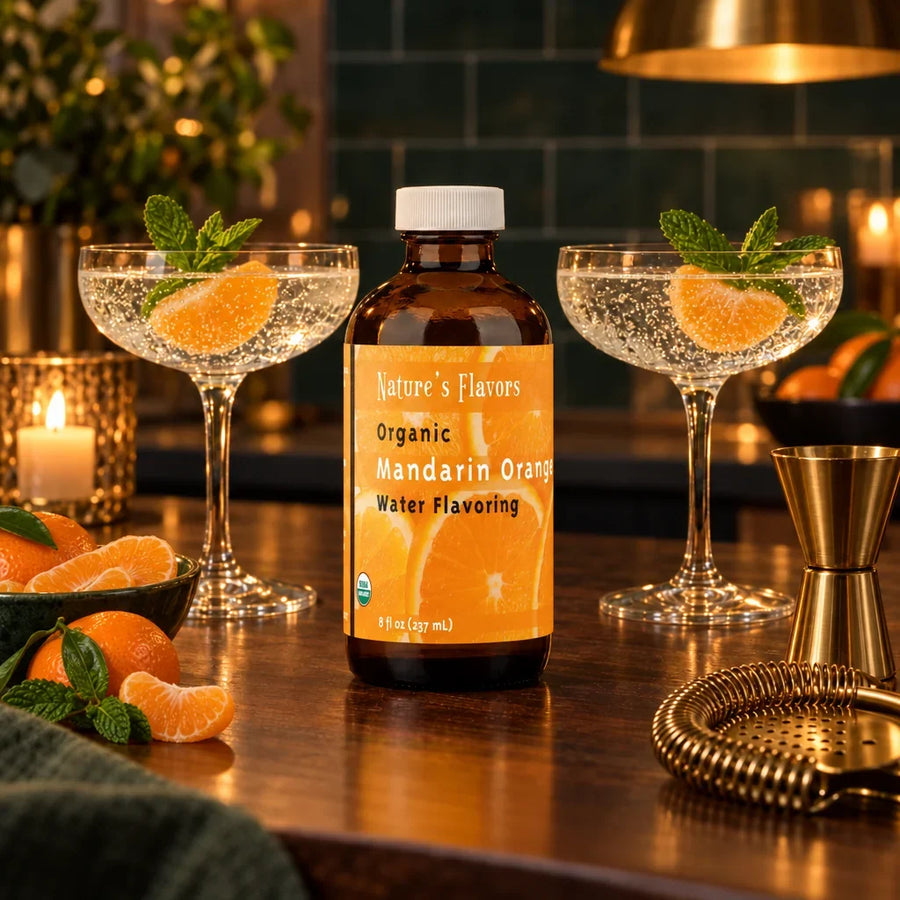8 oz bottle of Nature's Flavors Organic Mandarin Orange Water Flavoring between two evening mocktail glasses with mandarin
