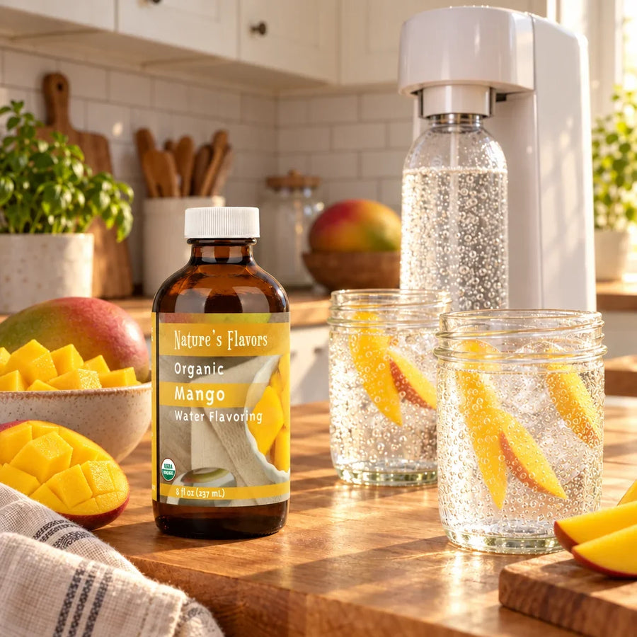 8 oz bottle of Nature's Flavors Organic Mango Water Flavoring in a farmhouse kitchen beside a home soda maker and jars with mango