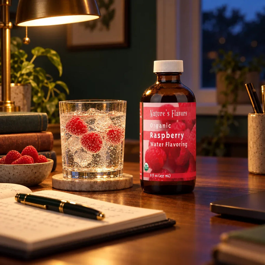 8 oz bottle of Nature's Flavors Organic Raspberry Water Flavoring on an evening study desk beside a glass of sparkling water with raspberries