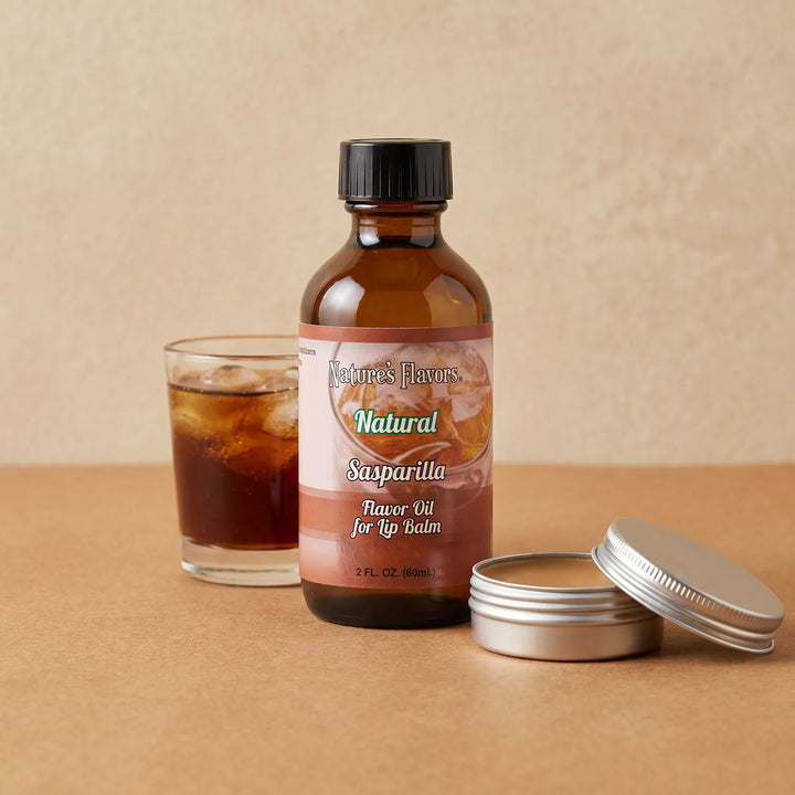 Nature's Flavors Sarsaparilla Flavor Oil for Lip Balm, 2 oz bottle with a soda flavor cue and an open unbranded lip balm tin.