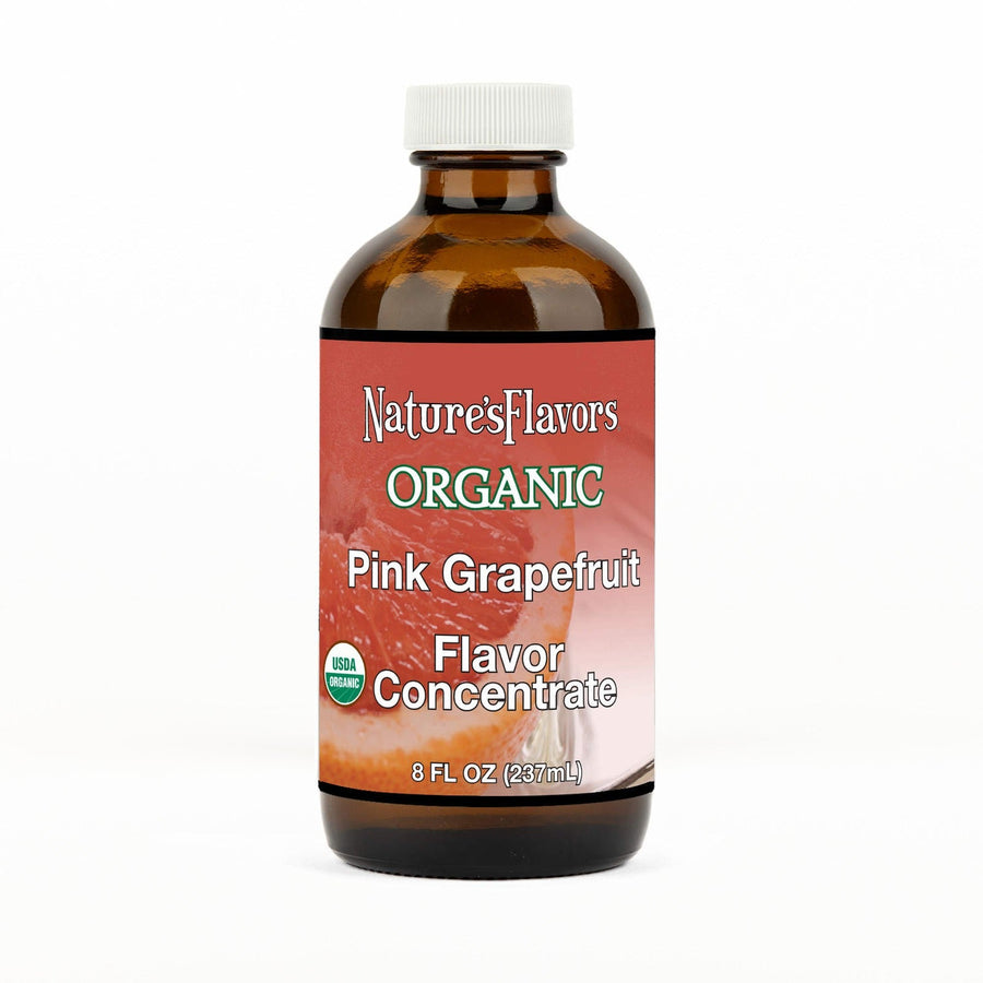 An 8 fl oz amber glass bottle of Nature's Flavors Organic Pink Grapefruit Flavor Concentrate Without Diacetyl with a white cap, centered on a white background.