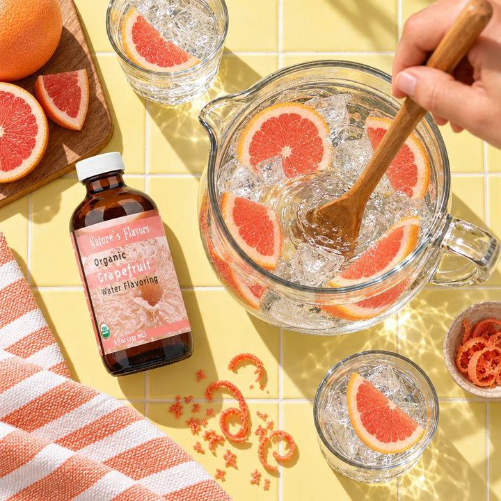 Overhead view of an 8 oz bottle of Nature's Flavors Organic Grapefruit Water Flavoring beside a pitcher of water with pink grapefruit
