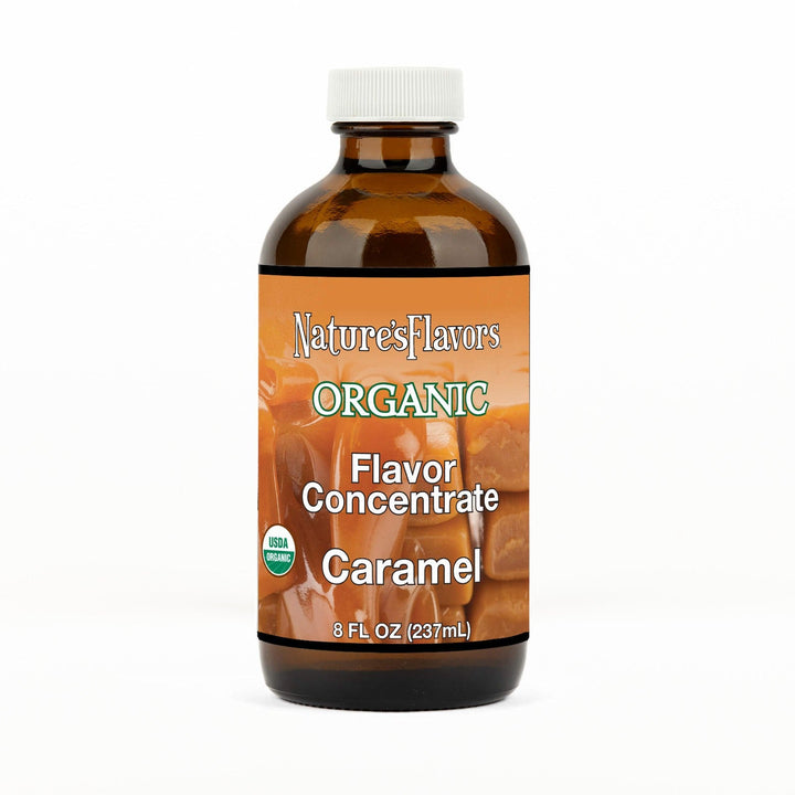 An 8 fl oz amber glass bottle of Nature's Flavors Organic Flavor Concentrate, Caramel with a white cap, centered on a white background.