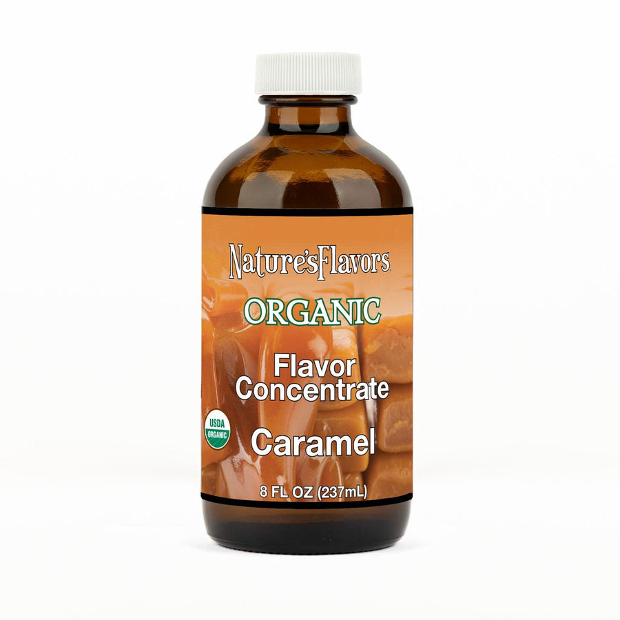 An 8 fl oz amber glass bottle of Nature's Flavors Organic Flavor Concentrate, Caramel with a white cap, centered on a white background.