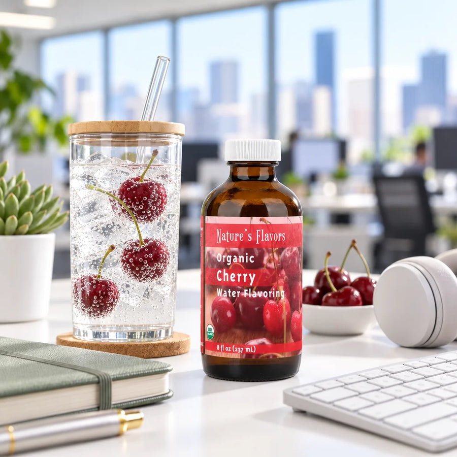 8 oz bottle of Nature's Flavors Organic Cherry Water Flavoring on an office desk beside a glass tumbler of sparkling water with cherries