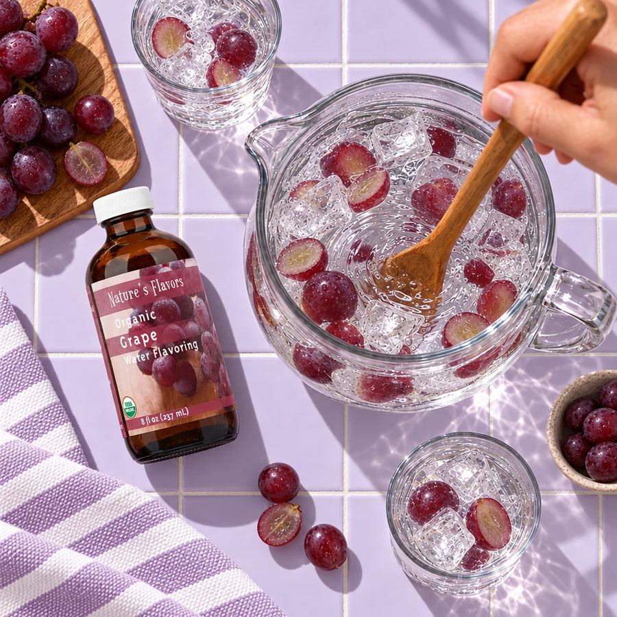Overhead view of an 8 oz bottle of Nature's Flavors Organic Grape Water Flavoring on lavender tile beside a pitcher of water with grapes