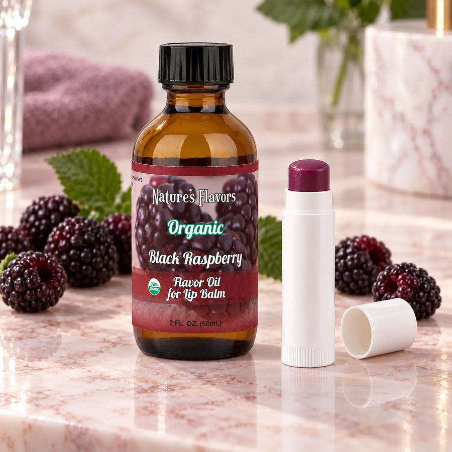 Nature's Flavors Organic Black Raspberry Flavor Oil for Lip Balm, 2 oz bottle with flavor cues and an open lip-balm tube.