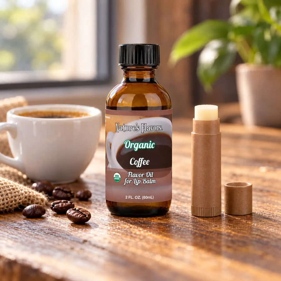Nature's Flavors Organic Coffee Flavor Oil for Lip Balm, 2 oz bottle with coffee ingredients and open lip balm.