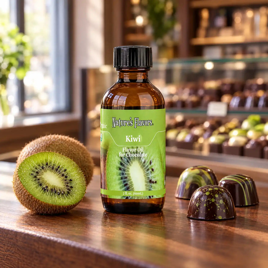 Nature's Flavors Organic Kiwi Flavor Oil For Chocolate, 2-ounce bottle, with kiwifruit and chocolate bonbons.
