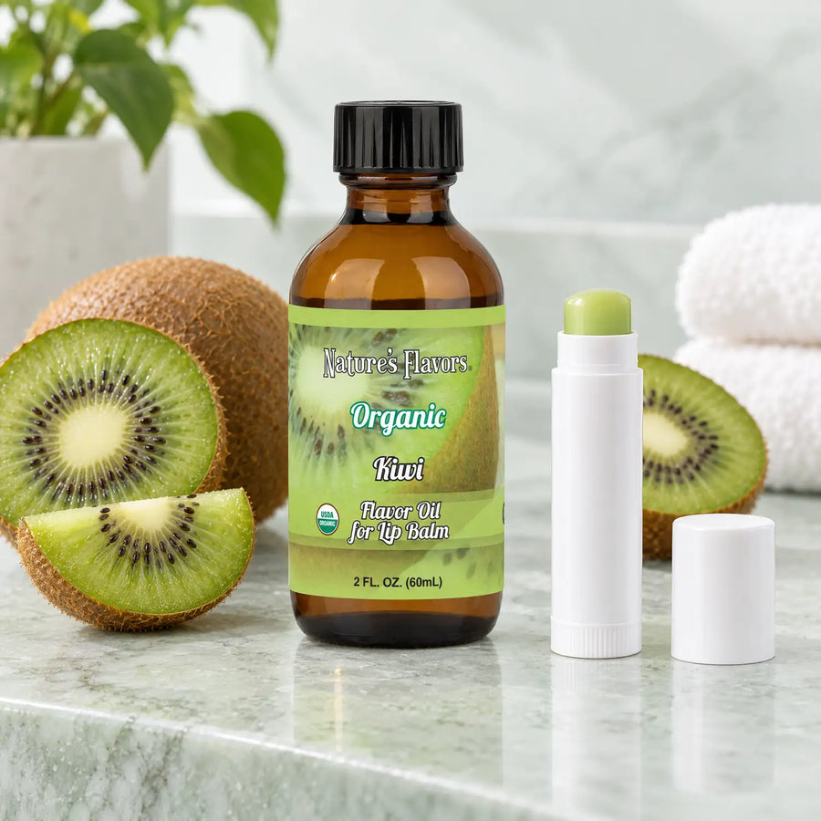 Nature's Flavors Organic Kiwi Flavor Oil for Lip Balm, 2 oz bottle with flavor cues and an open lip-balm tube.