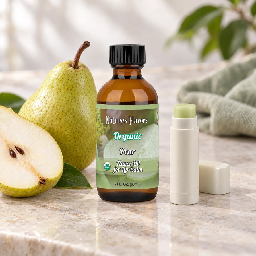 Nature's Flavors Organic Pear Flavor Oil for Lip Balm, 2 oz amber bottle with flavor-matched ingredients and an open lip balm.