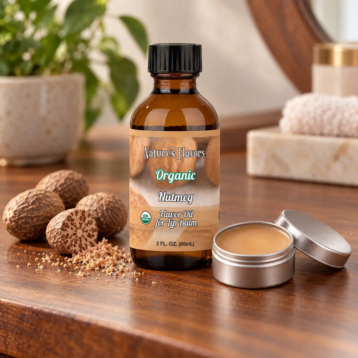 Nature's Flavors Organic Nutmeg Flavor Oil for Lip Balm, 2 oz bottle with flavor cues and an open lip-balm tin.