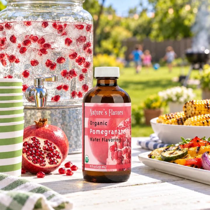 8 oz bottle of Nature's Flavors Organic Pomegranate Water Flavoring at a backyard BBQ beside a drink dispenser with pomegranate seeds