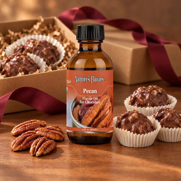 Nature's Flavors Organic Pecan Flavor Oil For Chocolate, 2-ounce bottle, with pecans and chocolate pecan clusters.