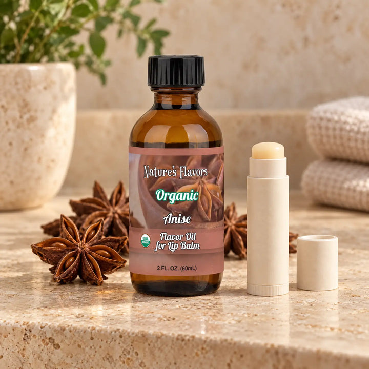 Nature's Flavors Organic Anise Flavor Oil for Lip Balm, 2 oz bottle with flavor cues and an open lip-balm tube.
