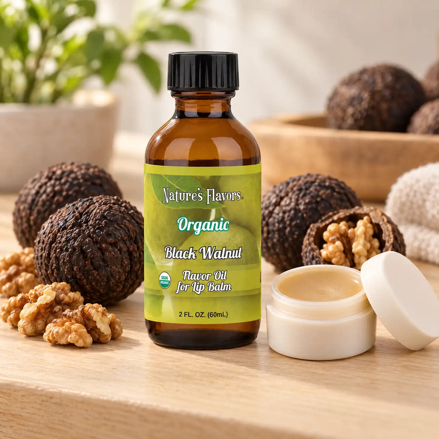 Nature's Flavors Organic Black Walnut Flavor Oil for Lip Balm, 2 oz bottle with flavor cues and an open lip-balm jar.