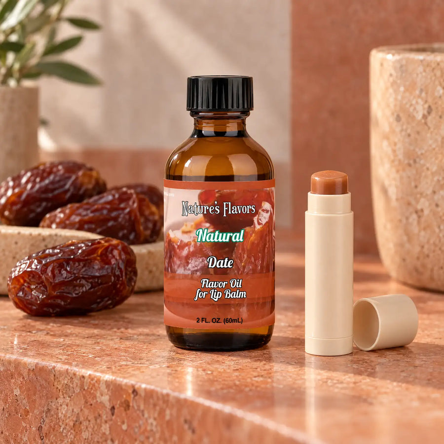 Nature's Flavors Date Flavor Oil for Lip Balm, 2 oz bottle with flavor cues and an open lip-balm tube.