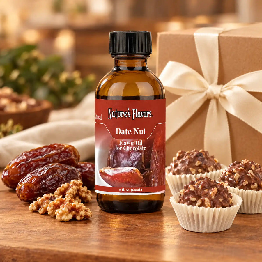 Nature's Flavors Date Nut Flavor Oil for Chocolate, 2-ounce bottle, with dates, walnuts and chocolate clusters.