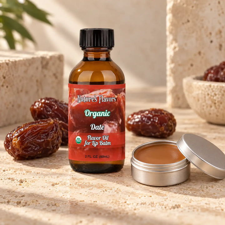 Nature's Flavors Organic Date Flavor Oil for Lip Balm, 2 oz bottle with flavor cues and an open lip-balm tin.