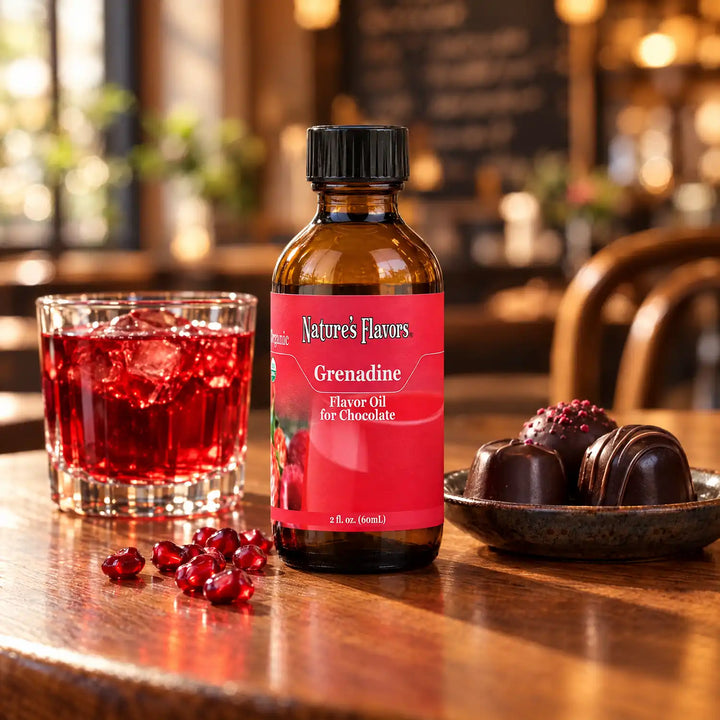Nature's Flavors Organic Grenadine Flavor Oil For Chocolate, 2-ounce bottle, with grenadine, pomegranate arils and chocolate bonbons.