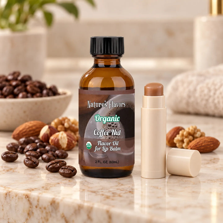 Nature's Flavors Organic Coffee Nut Flavor Oil for Lip Balm, 2 oz bottle with flavor cues and an open lip-balm tube.