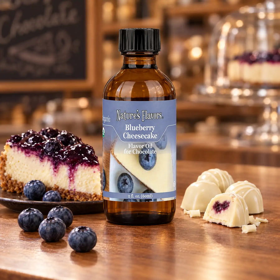 Nature's Flavors Organic Blueberry Cheesecake Flavor Oil For Chocolate, 2-ounce bottle, with blueberry cheesecake and white chocolate bonbons.