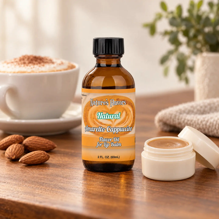 Nature's Flavors Amaretto Cappuccino Flavor Oil for Lip Balm, 2 oz bottle with flavor cues and an open lip-balm jar.