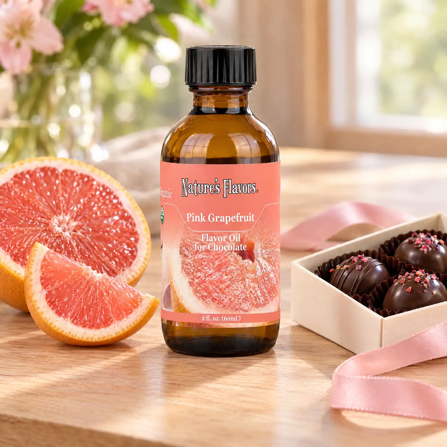 Nature's Flavors Organic Pink Grapefruit Flavor Oil For Chocolate, 2-ounce bottle, with pink grapefruit and boxed chocolate bonbons.