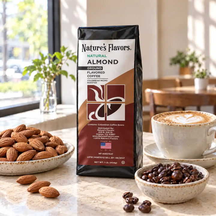 Nature’s Flavors Almond Flavored Coffee Beans, 1 lb. Ground, beside a bowl filled with almonds without shells, roasted coffee beans and a filled latte in a bright cafe.