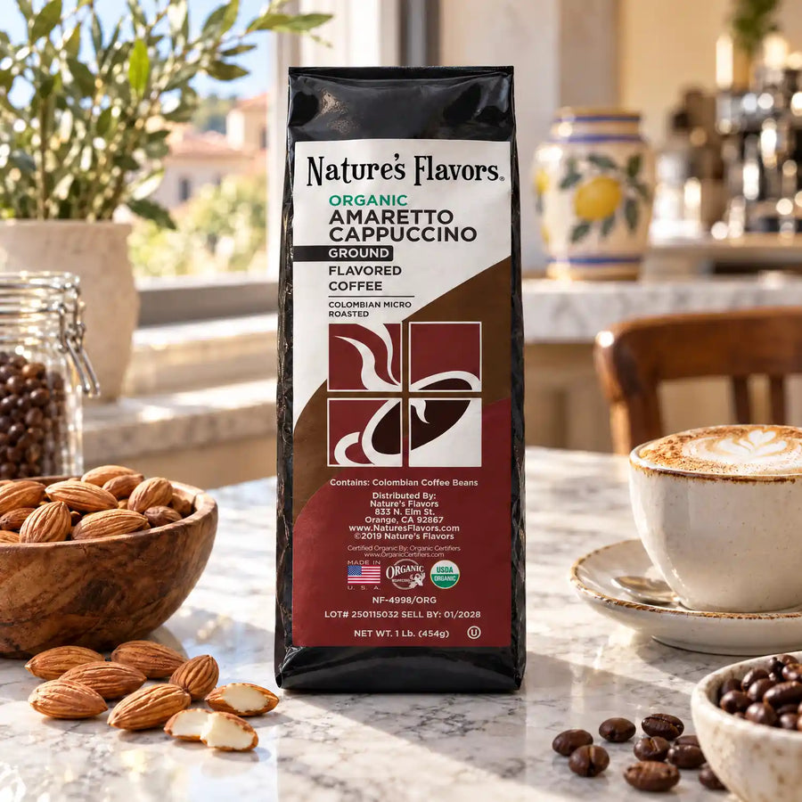 Nature's Flavors Organic Amaretto Cappuccino Flavored Coffee Beans, 1 lb. Ground, in a bright coffee lifestyle scene.
