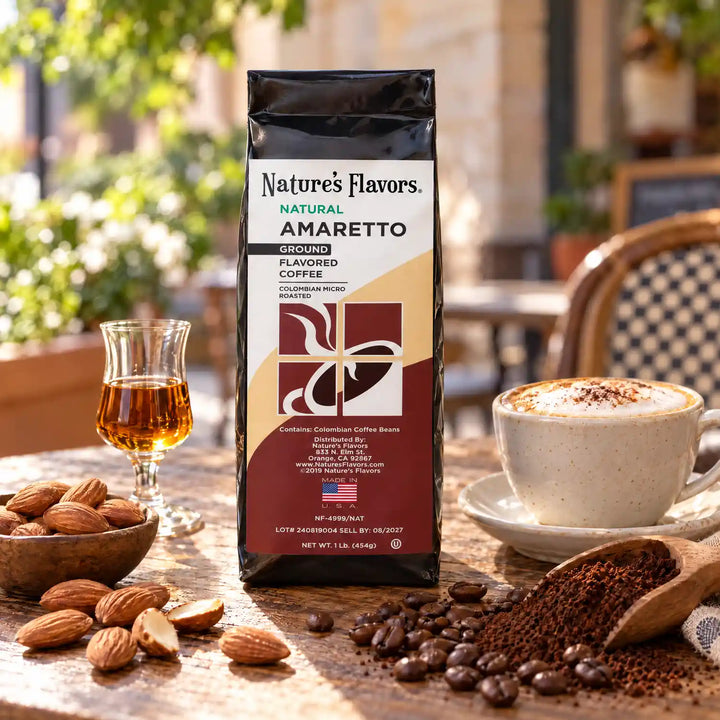 Nature’s Flavors Amaretto Flavored Coffee Beans, 1 lb. Ground, beside flavor cues, roasted coffee beans, grounds and a filled coffee drink in a bright lifestyle scene.