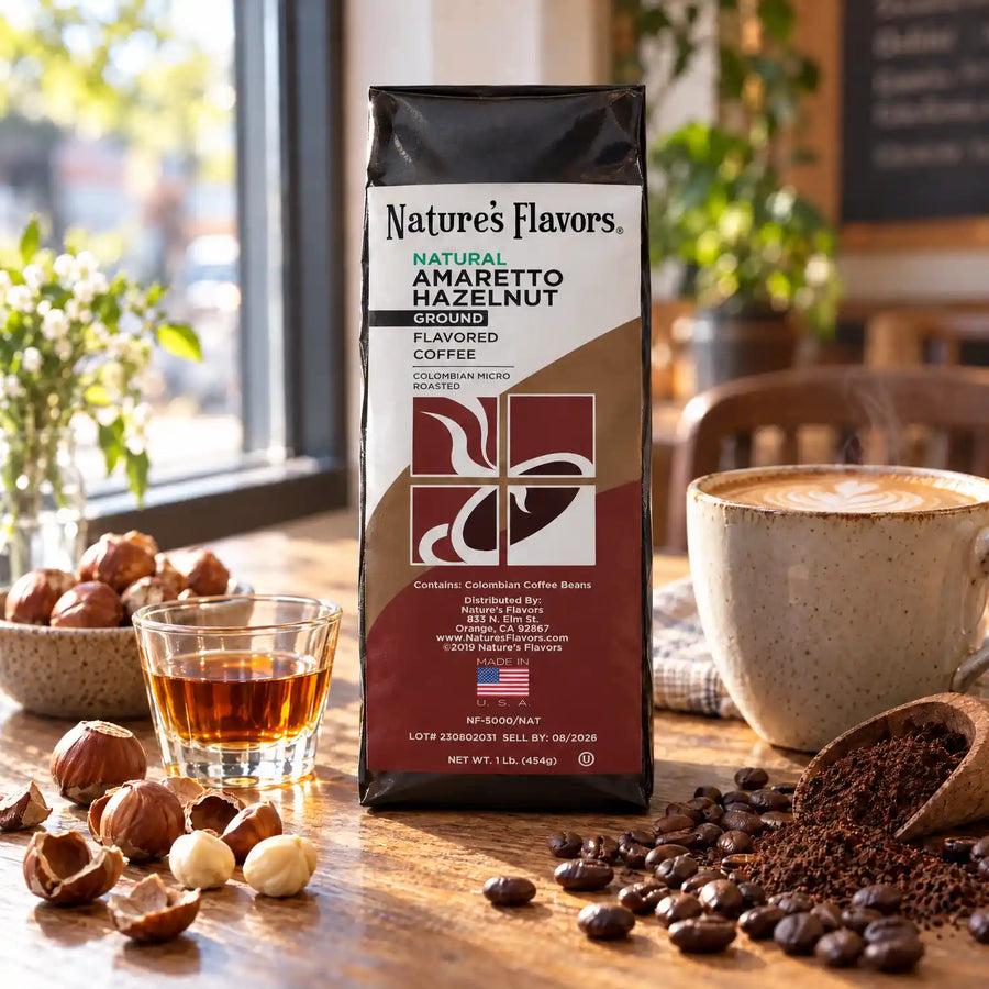 Nature’s Flavors Amaretto Hazelnut Flavored Coffee Beans, 1 lb. Ground, beside flavor cues, roasted coffee beans, grounds and a filled coffee drink in a bright lifestyle scene.