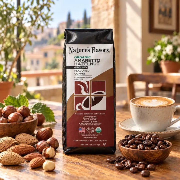 Nature's Flavors Organic Amaretto Hazelnut Flavored Coffee Beans, 1 lb. Ground, in a bright coffee lifestyle scene.