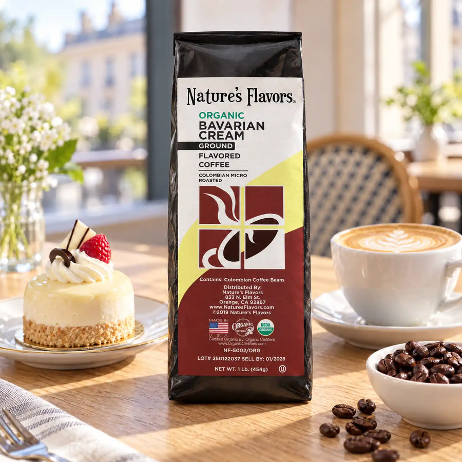 Nature's Flavors Organic Bavarian Cream Flavored Coffee Beans, 1 lb. Ground, in a bright coffee lifestyle scene.