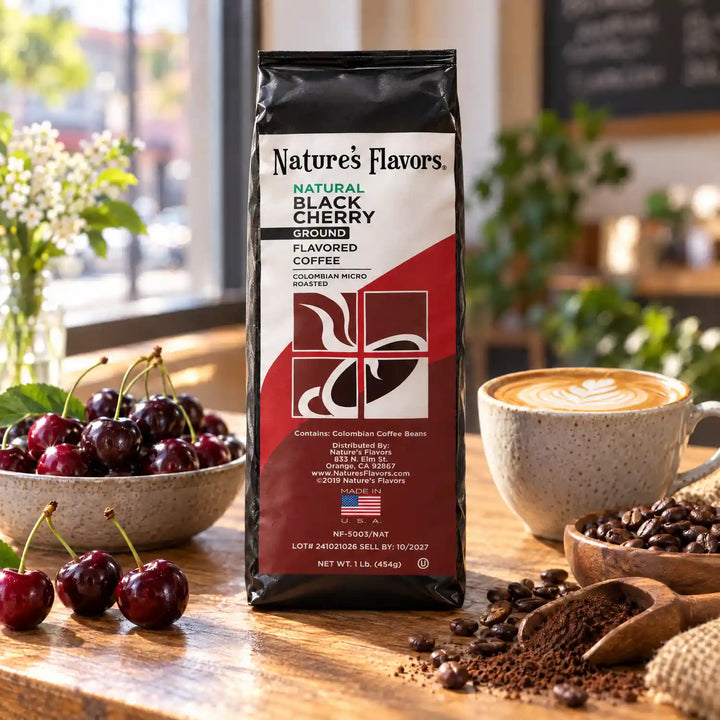 Nature’s Flavors Black Cherry Flavored Coffee Beans, 1 lb. Ground, beside flavor cues, roasted coffee beans, grounds and a filled coffee drink in a bright lifestyle scene.