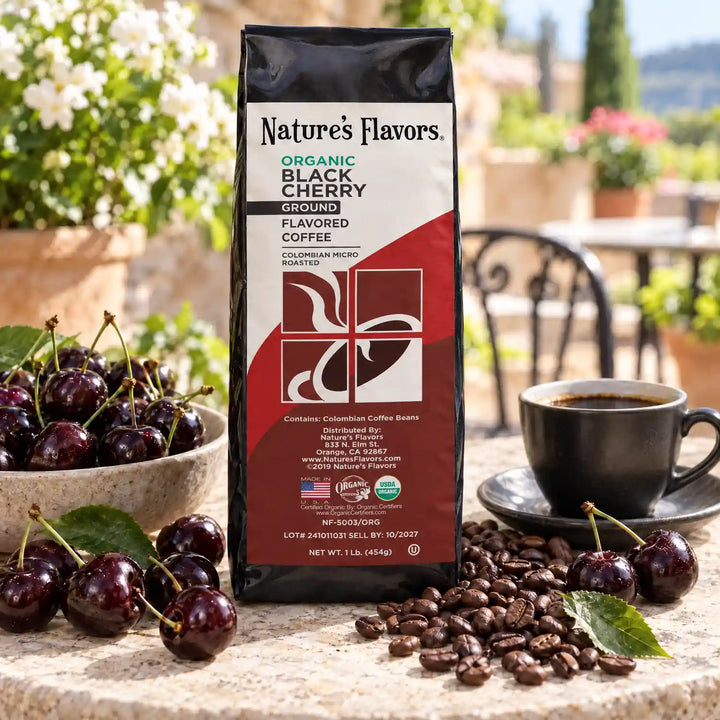 Nature's Flavors Organic Black Cherry Flavored Coffee Beans, 1 lb. Ground, in a bright coffee lifestyle scene.