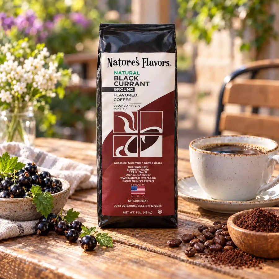 Nature’s Flavors Black Currant Flavored Coffee Beans, 1 lb. Ground, beside flavor cues, roasted coffee beans, grounds and a filled coffee drink in a bright lifestyle scene.