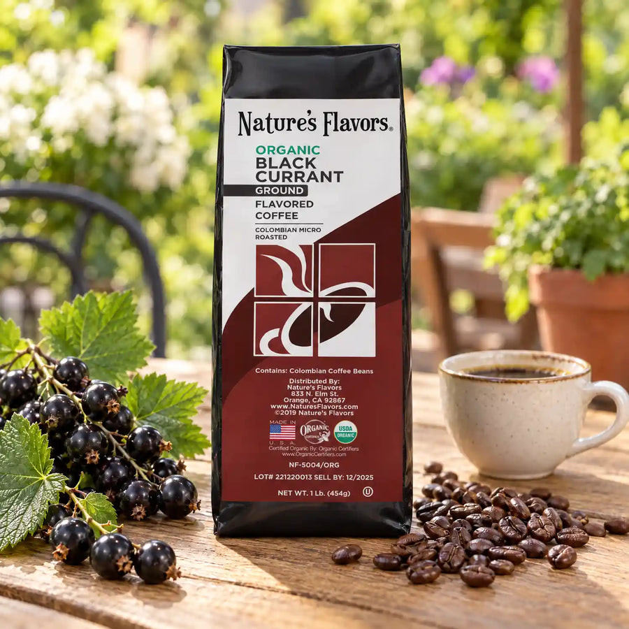 Nature's Flavors Organic Black Currant Flavored Coffee Beans, 1 lb. Ground, in a bright coffee lifestyle scene.