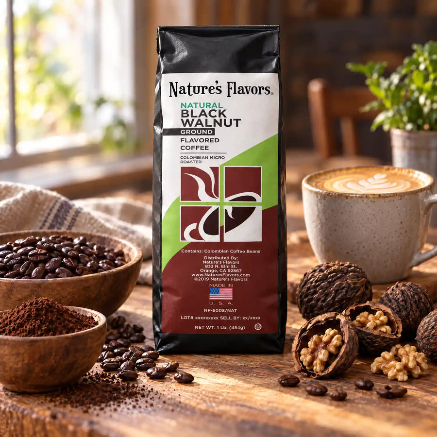 Nature’s Flavors Black Walnut Flavored Coffee Beans, 1 lb. Ground, beside flavor cues, roasted coffee beans, grounds and a filled coffee drink in a bright lifestyle scene.