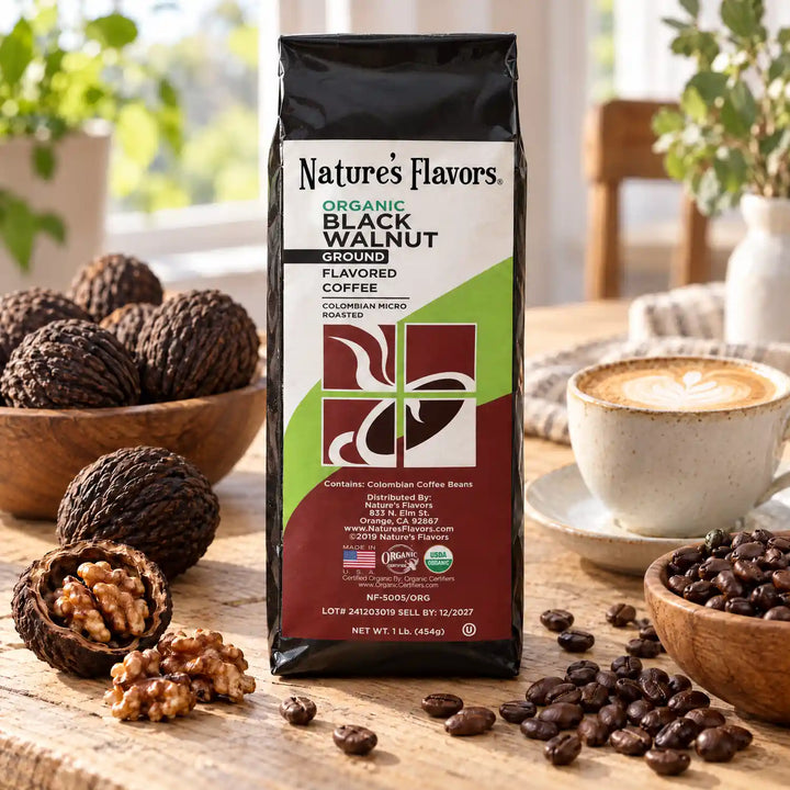 Nature's Flavors Organic Black Walnut Flavored Coffee Beans, 1 lb. Ground, in a bright coffee lifestyle scene.