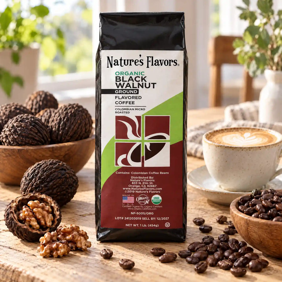 Nature's Flavors Organic Black Walnut Flavored Coffee Beans, 1 lb. Ground, in a bright coffee lifestyle scene.