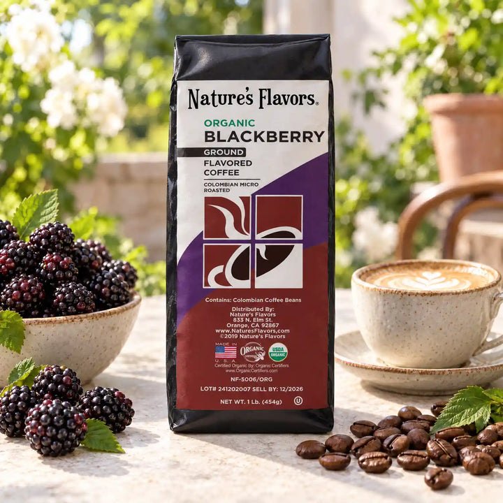Nature's Flavors Organic Blackberry Flavored Coffee Beans, 1 lb. Ground, in a bright coffee lifestyle scene.