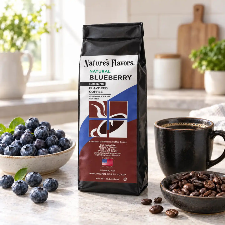 Nature’s Flavors Blueberry Flavored Coffee Beans, 1 lb. Ground, in a black labeled bag with whole roasted coffee beans and a filled coffee drink in the retained bright scene.