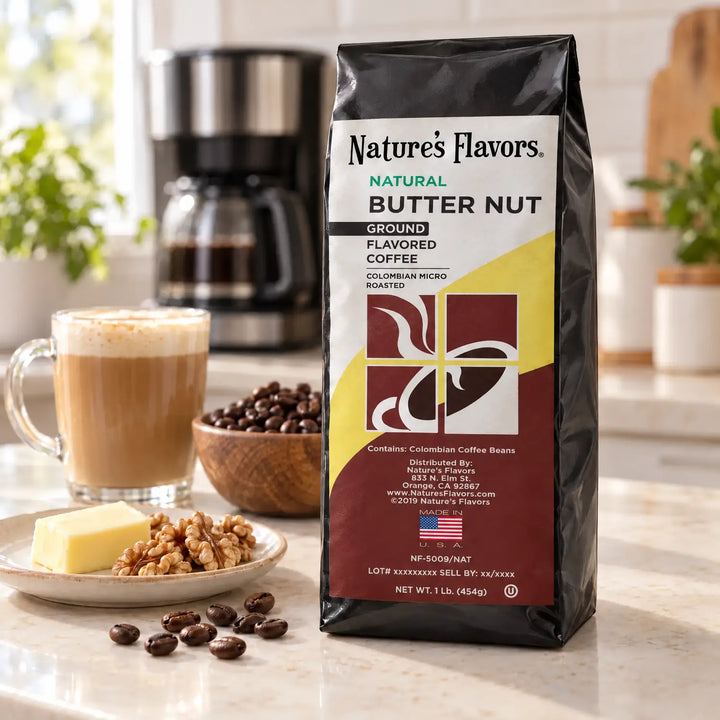 Nature’s Flavors Butter Nut Flavored Coffee Beans, 1 lb. Ground, in a black labeled bag beside butter and walnuts, whole roasted coffee beans and a filled coffee drink in a bright coffee scene.