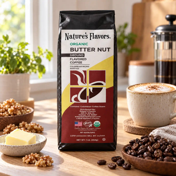 Nature's Flavors Organic Butter Nut Flavored Coffee Beans, 1 lb. Ground, in a bright coffee lifestyle scene.