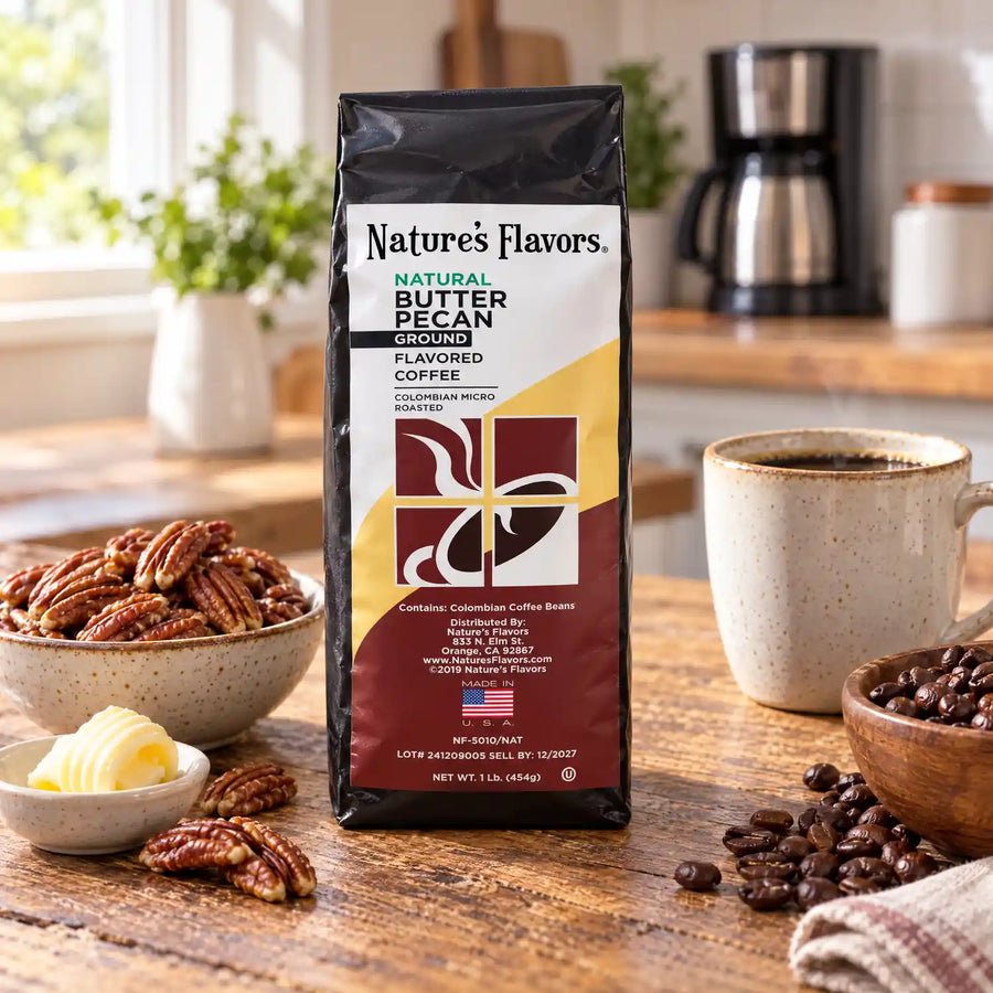 Nature’s Flavors Butter Pecan Flavored Coffee Beans, 1 lb. Ground, in a black labeled bag with whole roasted coffee beans and a filled coffee drink in a bright rustic kitchen.