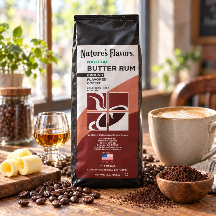 Nature’s Flavors Butter Rum Flavored Coffee Beans, 1 lb. Ground, beside flavor cues, roasted coffee beans, grounds and a filled coffee drink in a bright lifestyle scene.