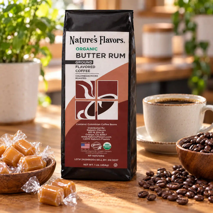 Nature's Flavors Organic Butter Rum Flavored Coffee Beans, 1 lb. Ground, in a bright coffee lifestyle scene.
